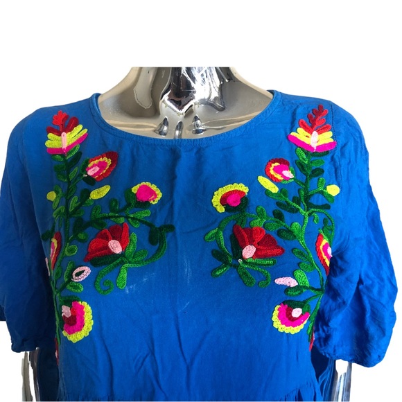 Riviera Sun Blue Embroidered Peasant Dress Size S - Picture 3 of 4